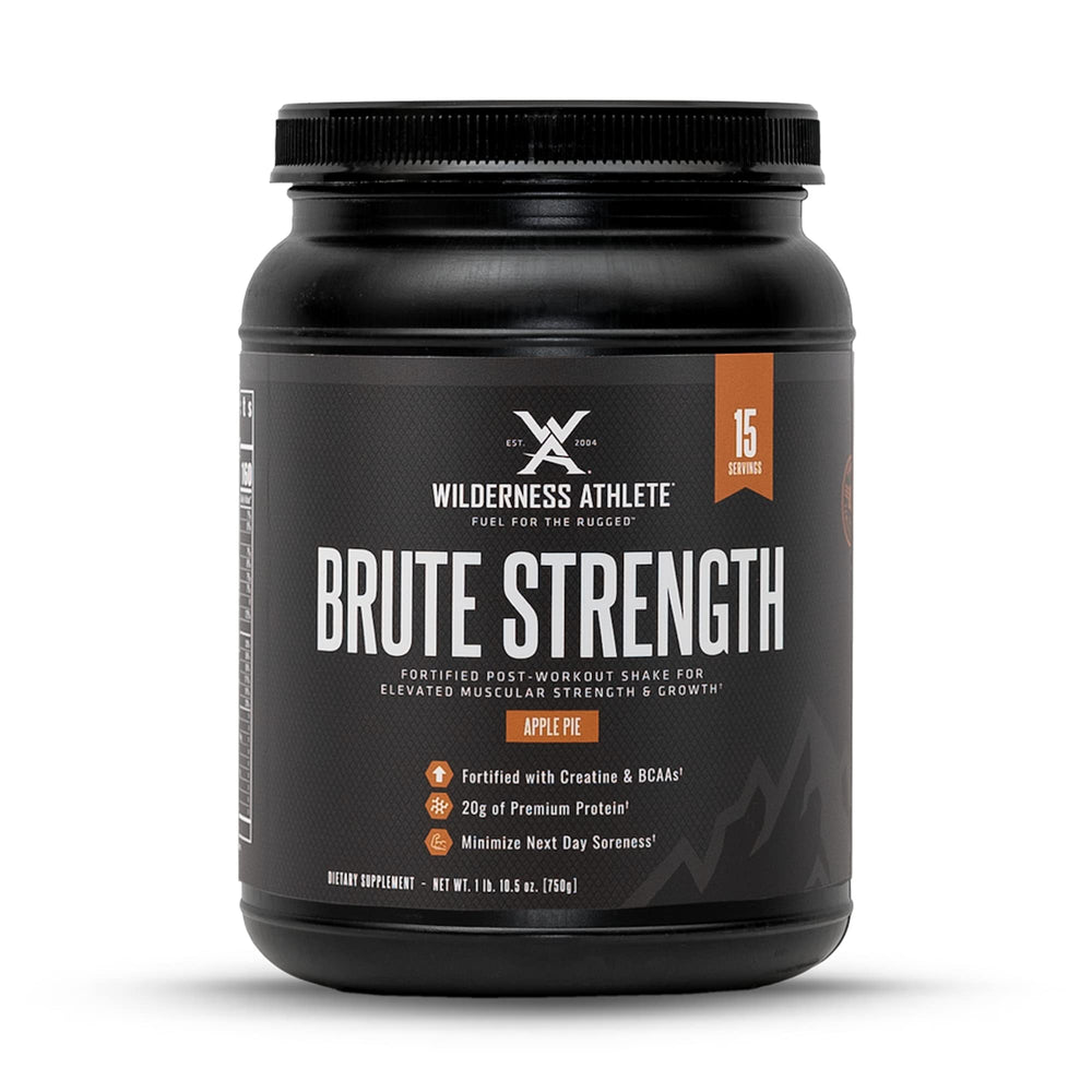 Wilderness Athlete Brute Strength bottle front showing Apple Pie flavor for post-workout recovery