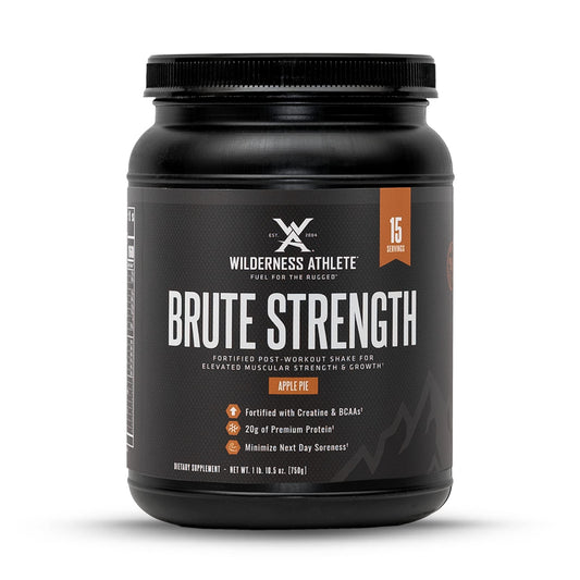 Wilderness Athlete Brute Strength bottle front showing Apple Pie flavor for post-workout recovery