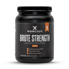 Wilderness Athlete Brute Strength bottle front showing Apple Pie flavor for post-workout recovery