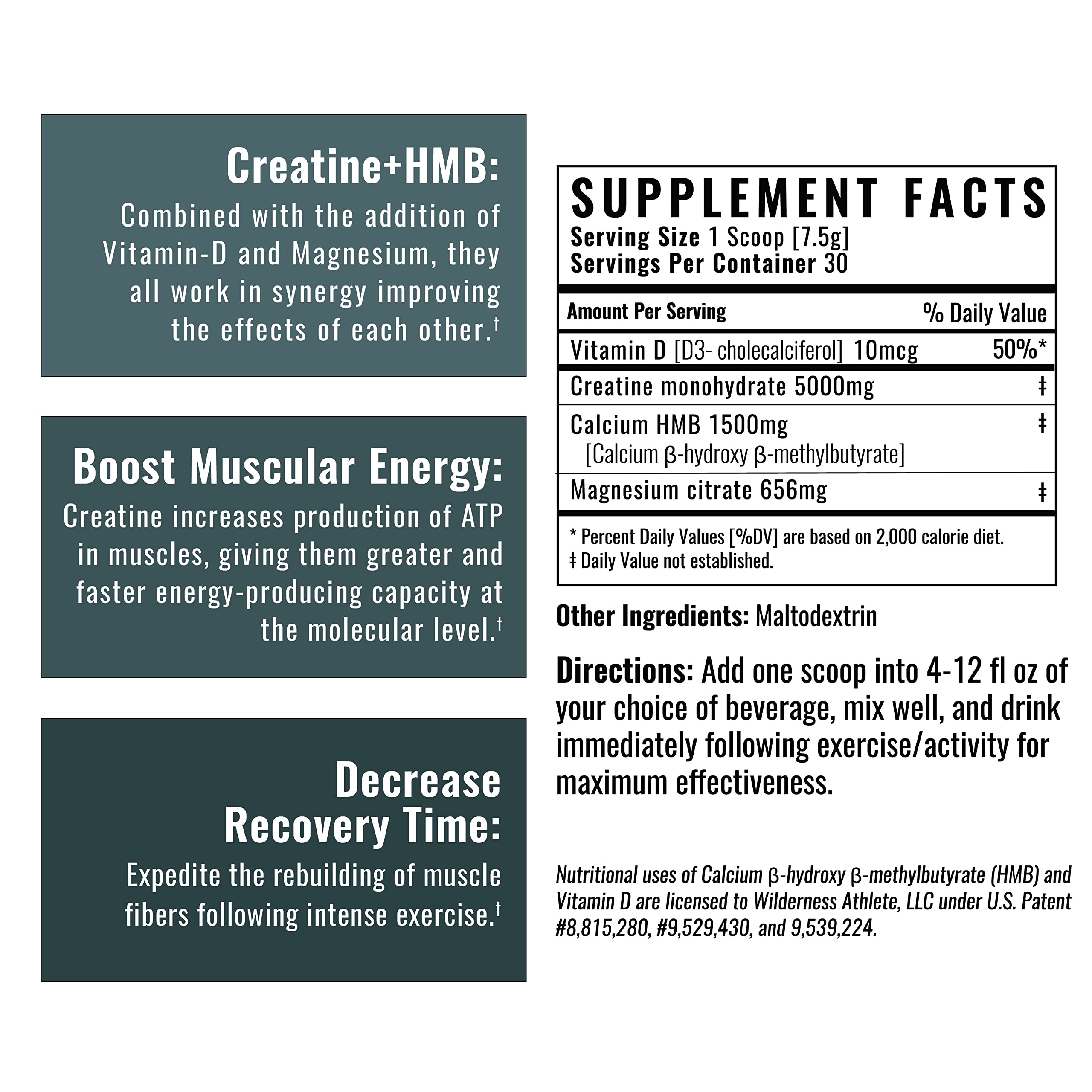 Wilderness Athlete Creatine HMB bottle label showing ingredients and D3 mention.