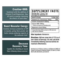 Wilderness Athlete Creatine HMB bottle label showing ingredients and D3 mention.