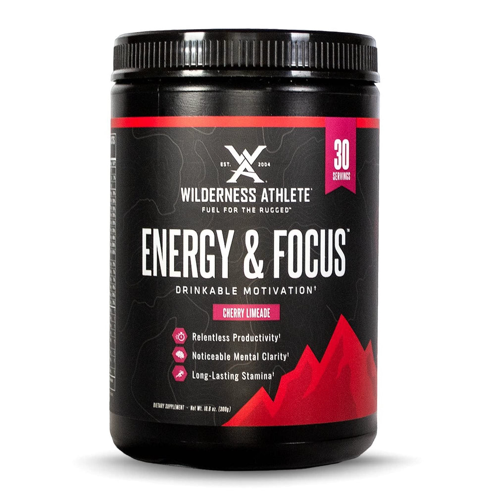 Wilderness Athlete Energy & Focus cherry limeade tub front, convenient pre‑workout option
