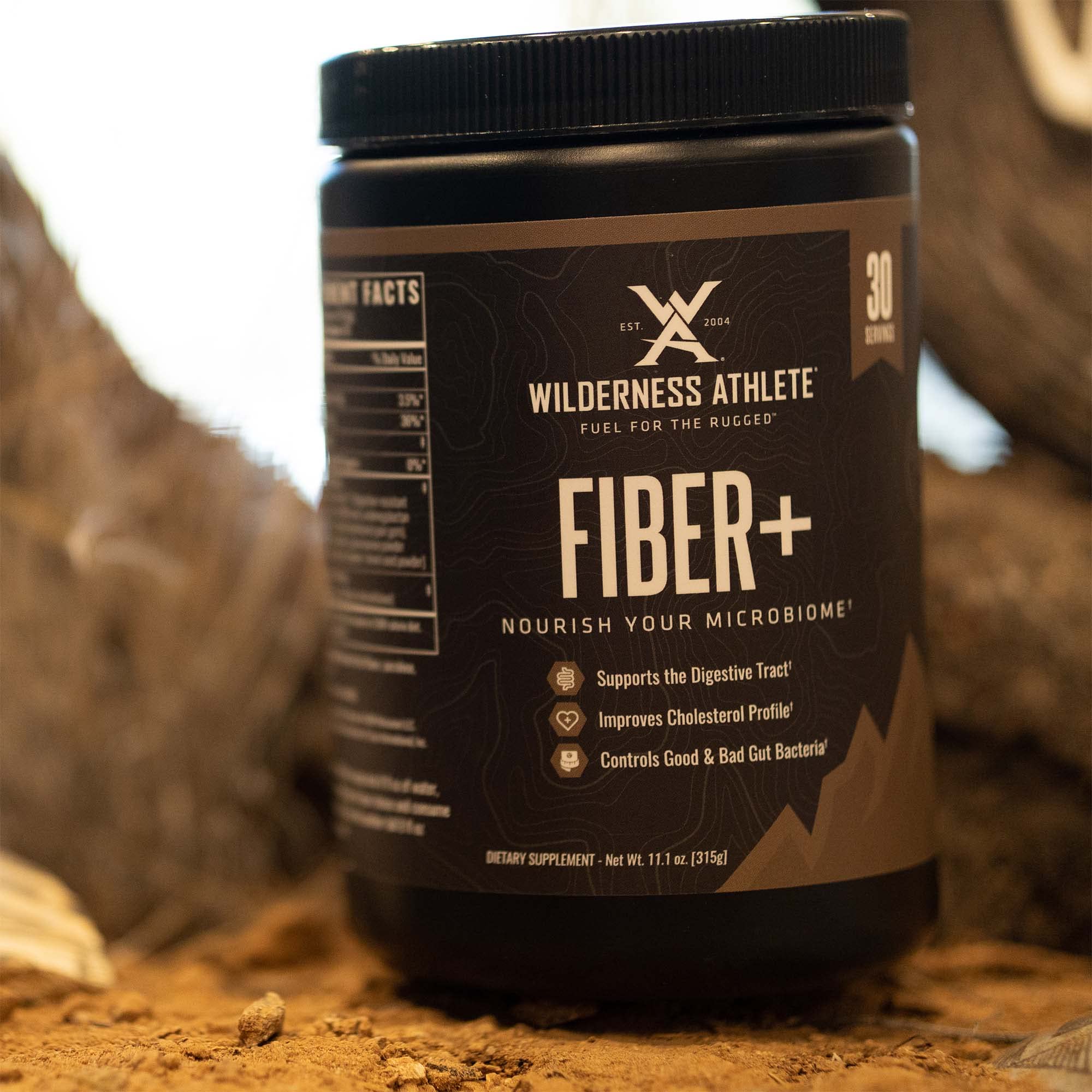 Wilderness Athlete Fiber+ glass showing quick mix for digestive ease