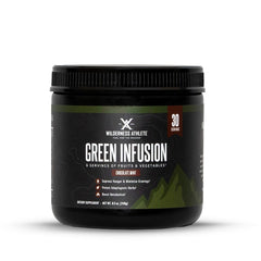 Wilderness Athlete Green Infusion tub front shows chocolate mint flavor for easy daily greens.