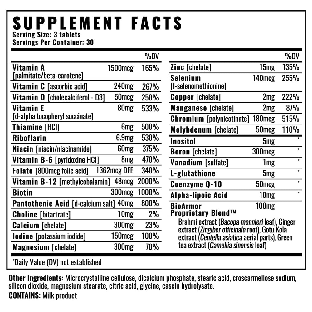 Wilderness Athlete High Performance Multivitamin on shelf beside calcium-rich foods.