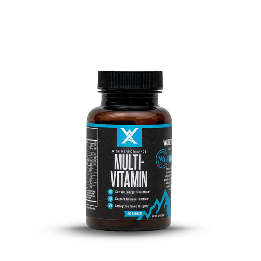 Wilderness Athlete High Performance Multivitamin bottle close-up highlighting daily energy support.