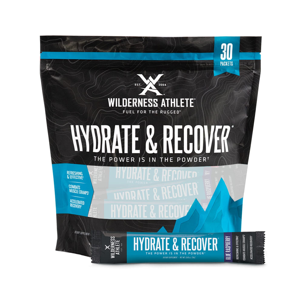 Wilderness Athlete Hydrate & Recover packets closeup, blue raspberry flavor, convenient daily hydration.