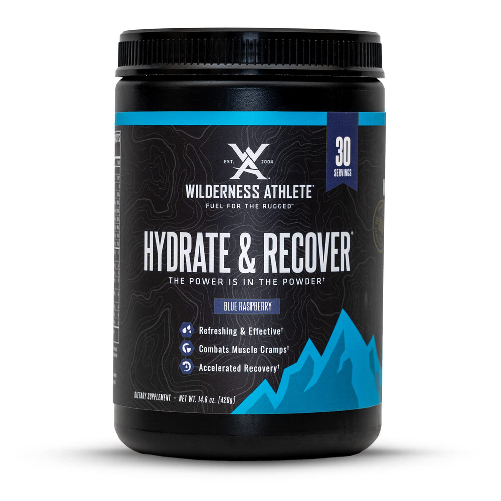 Wilderness Athlete Hydrate & Recover blue raspberry tub showing electrolytes and recovery focus.