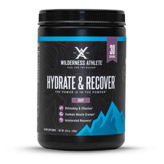 Wilderness Athlete Hydrate & Recover tub front with grape flavor for hydration support