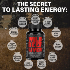 Wild Foods Beef Liver Capsules close-up shows 3000mg per serving.