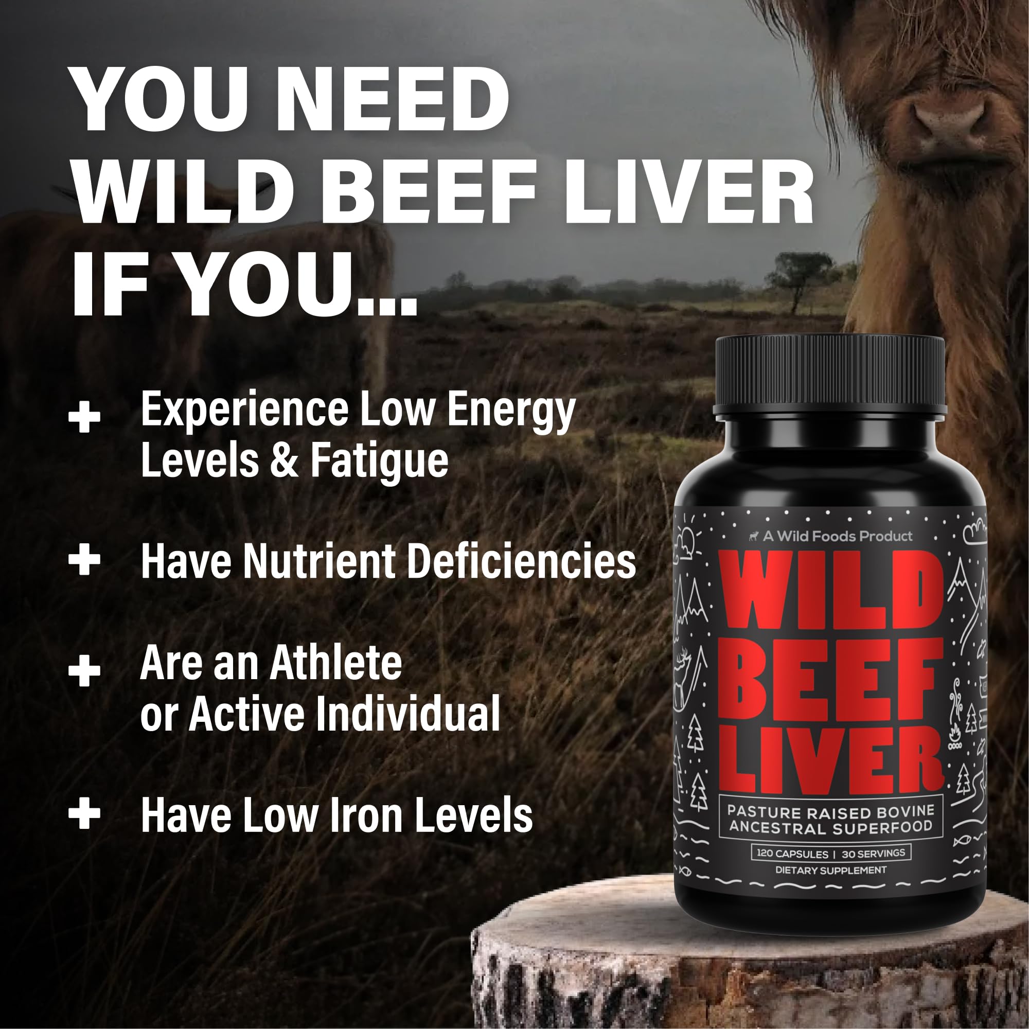 Wild Foods Beef Liver Capsules label highlights grass-fed, pasture-raised origin.