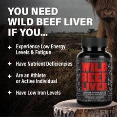 Wild Foods Beef Liver Capsules label highlights grass-fed, pasture-raised origin.