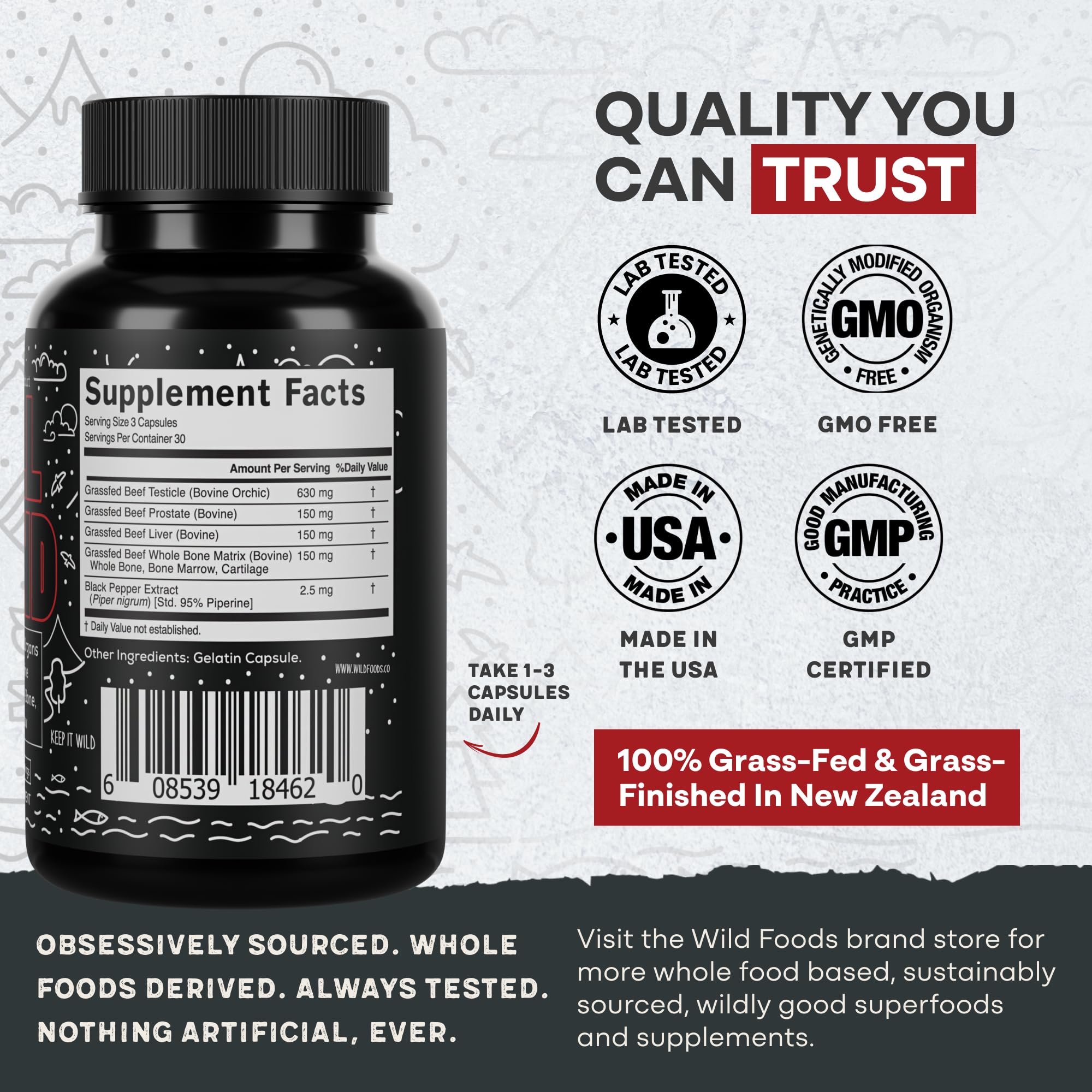 Wild Foods bone matrix capsules close-up, complete organ-based nourishment