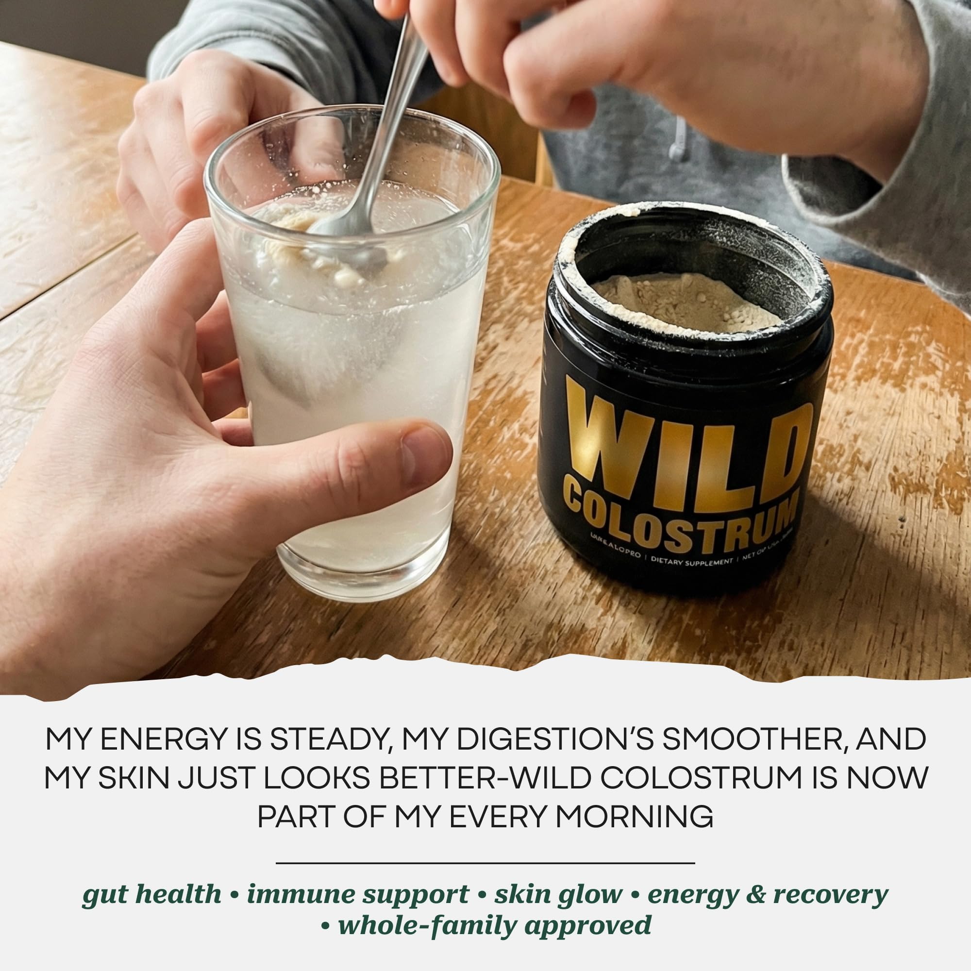2,000mg colostrum per serving supports dense daily nutrition.