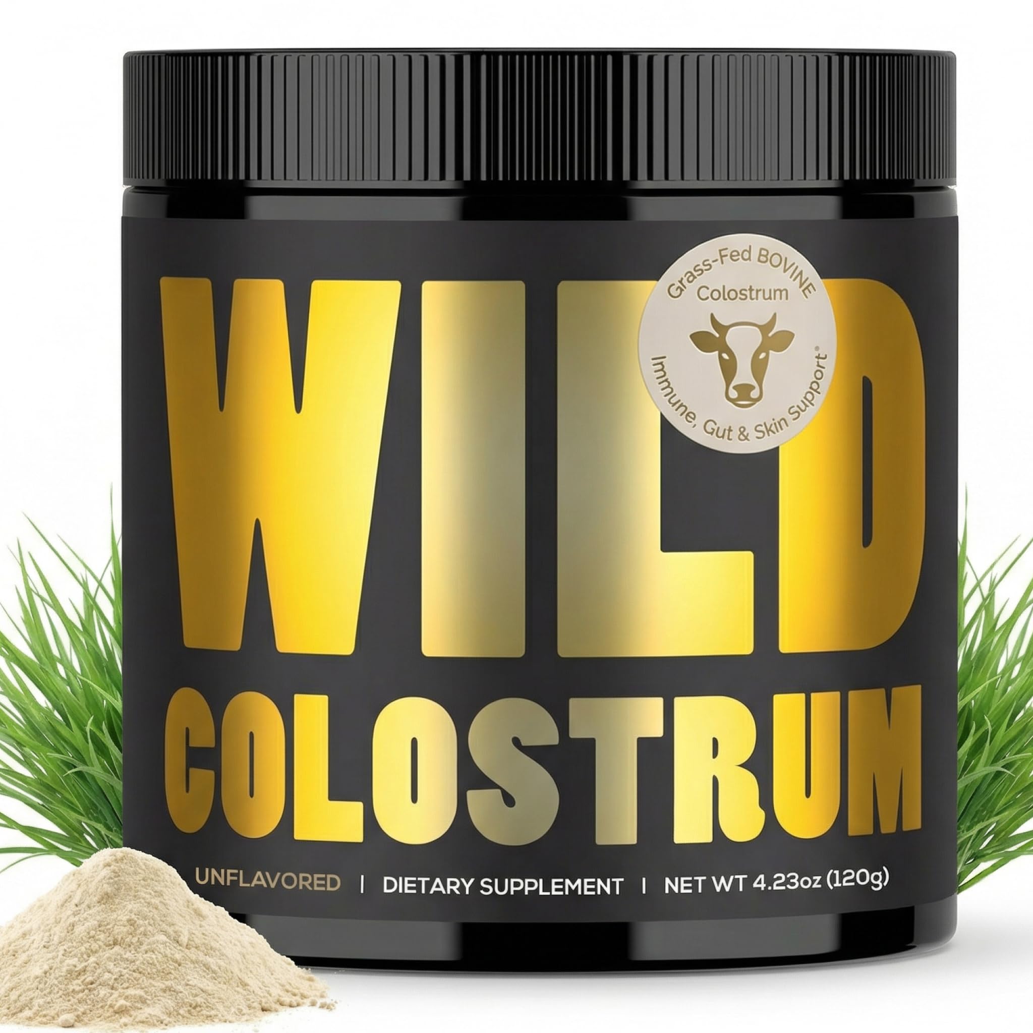 Wild Foods Colostrum Powder unflavored 120g tub supports daily immune and gut wellness.