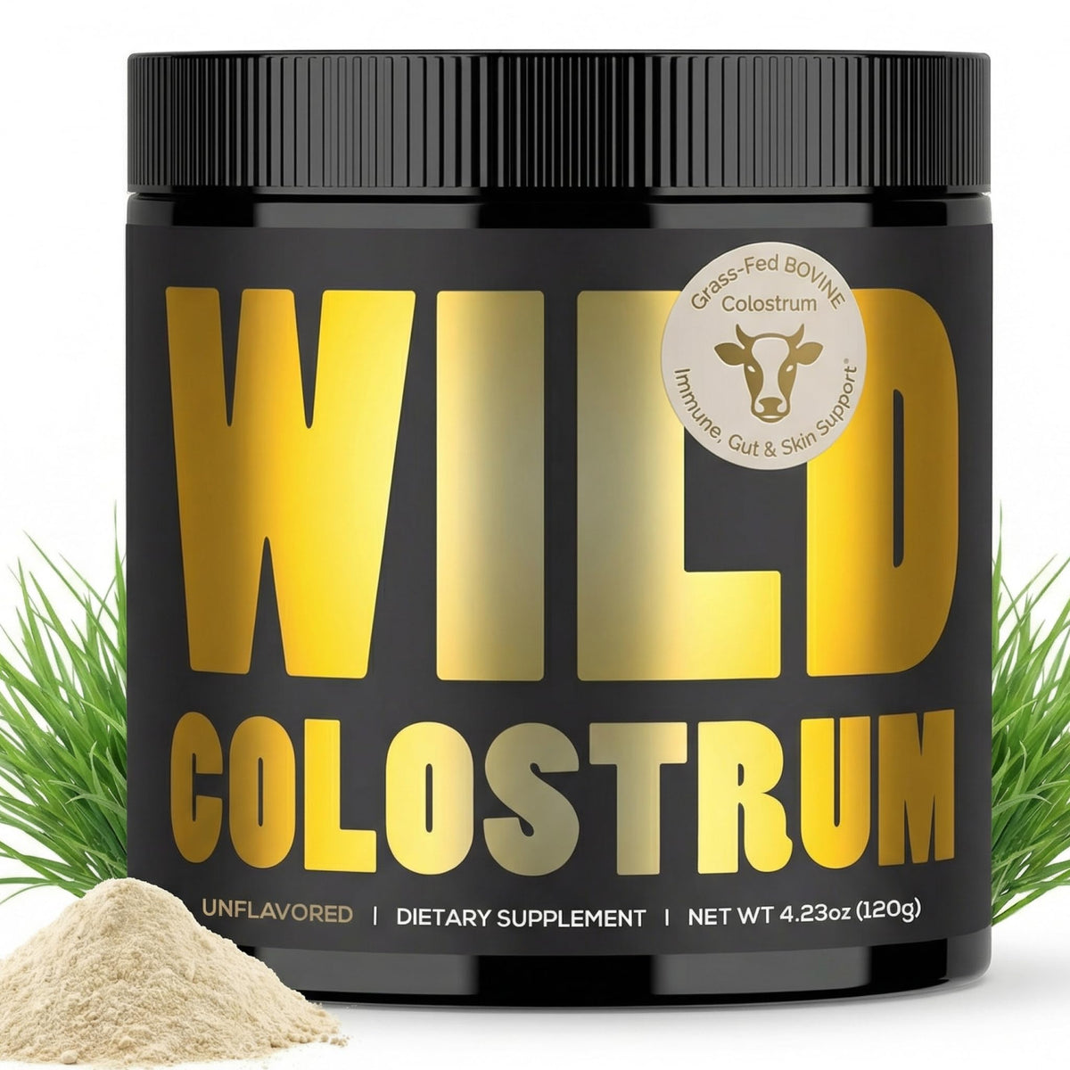 Wild Foods Colostrum Powder unflavored 120g tub supports daily immune and gut wellness.
