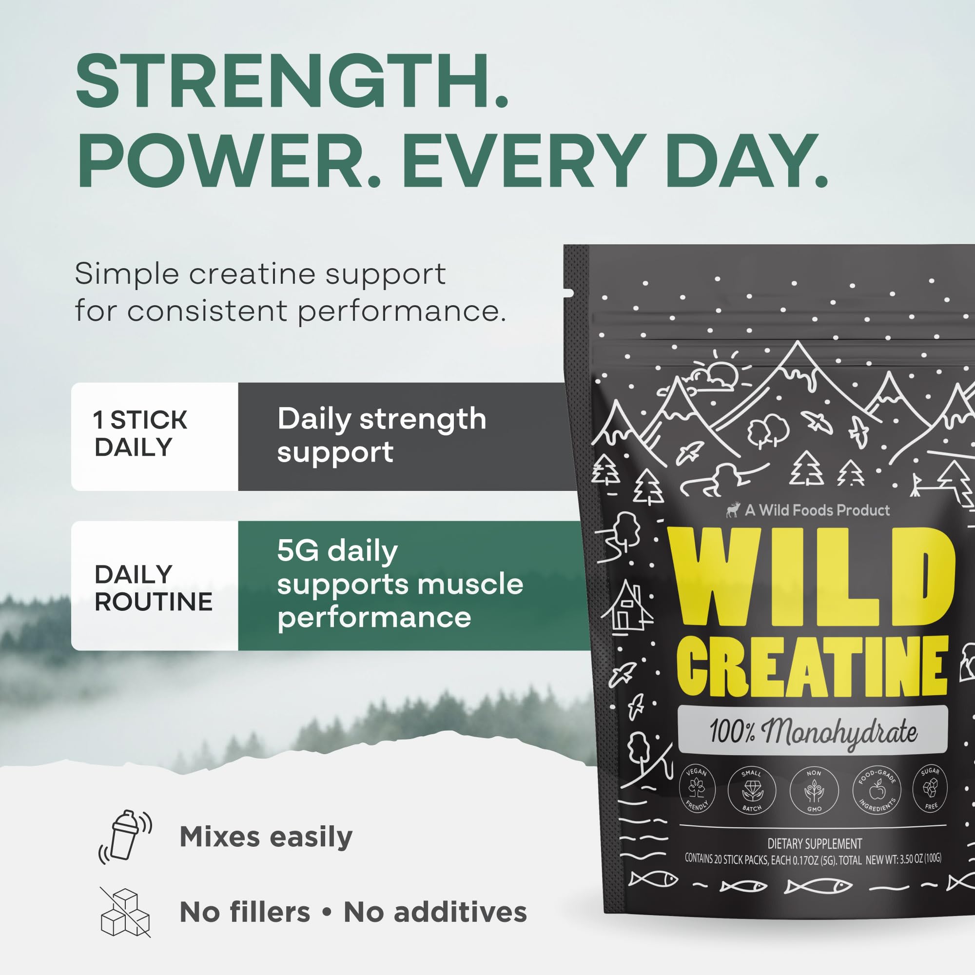 Wild Foods Creatine packets on-the-go next to a bottle.