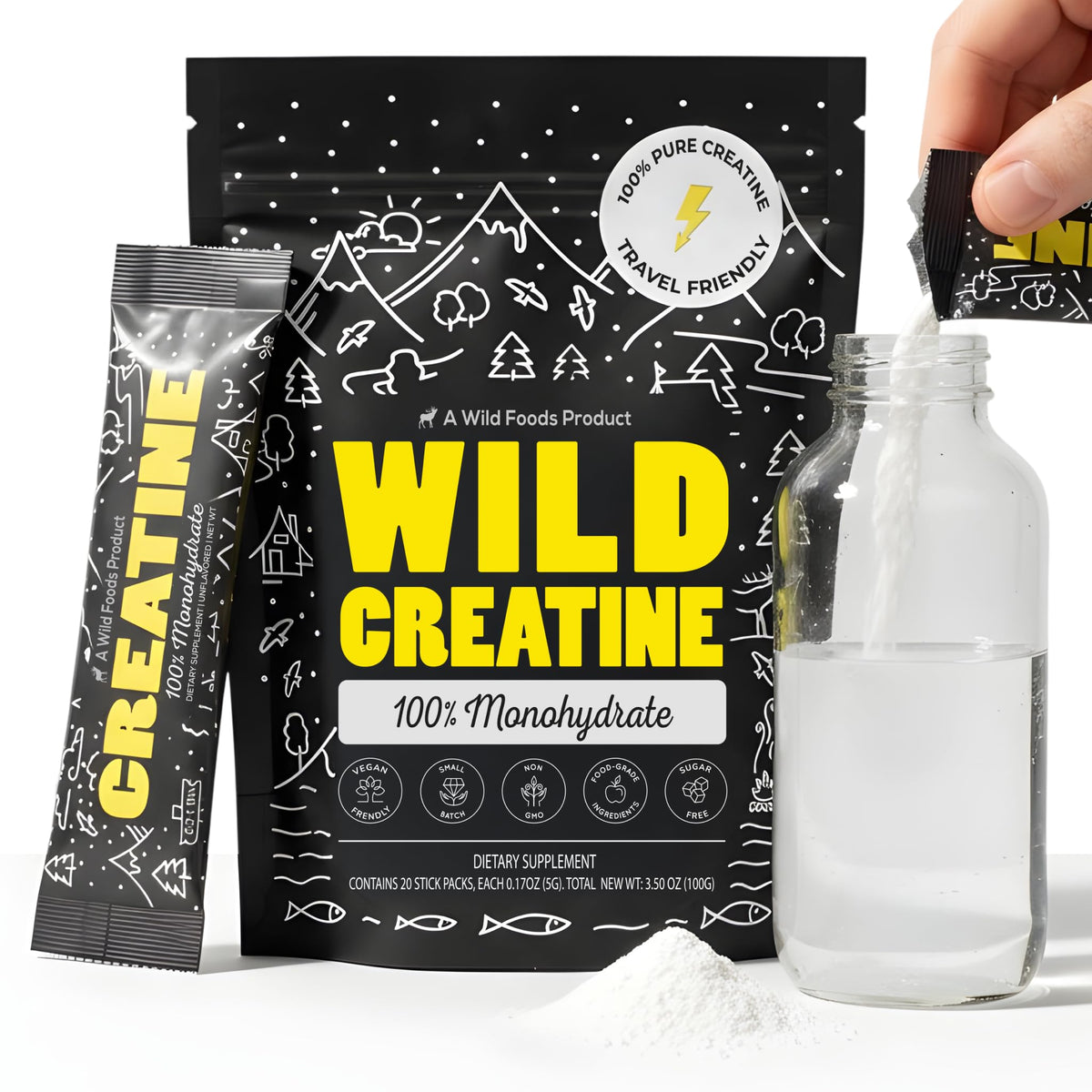 Wild Foods Creatine stick-pack front view for quick muscle support.