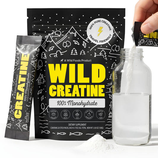 Wild Foods Creatine stick-pack front view for quick muscle support.