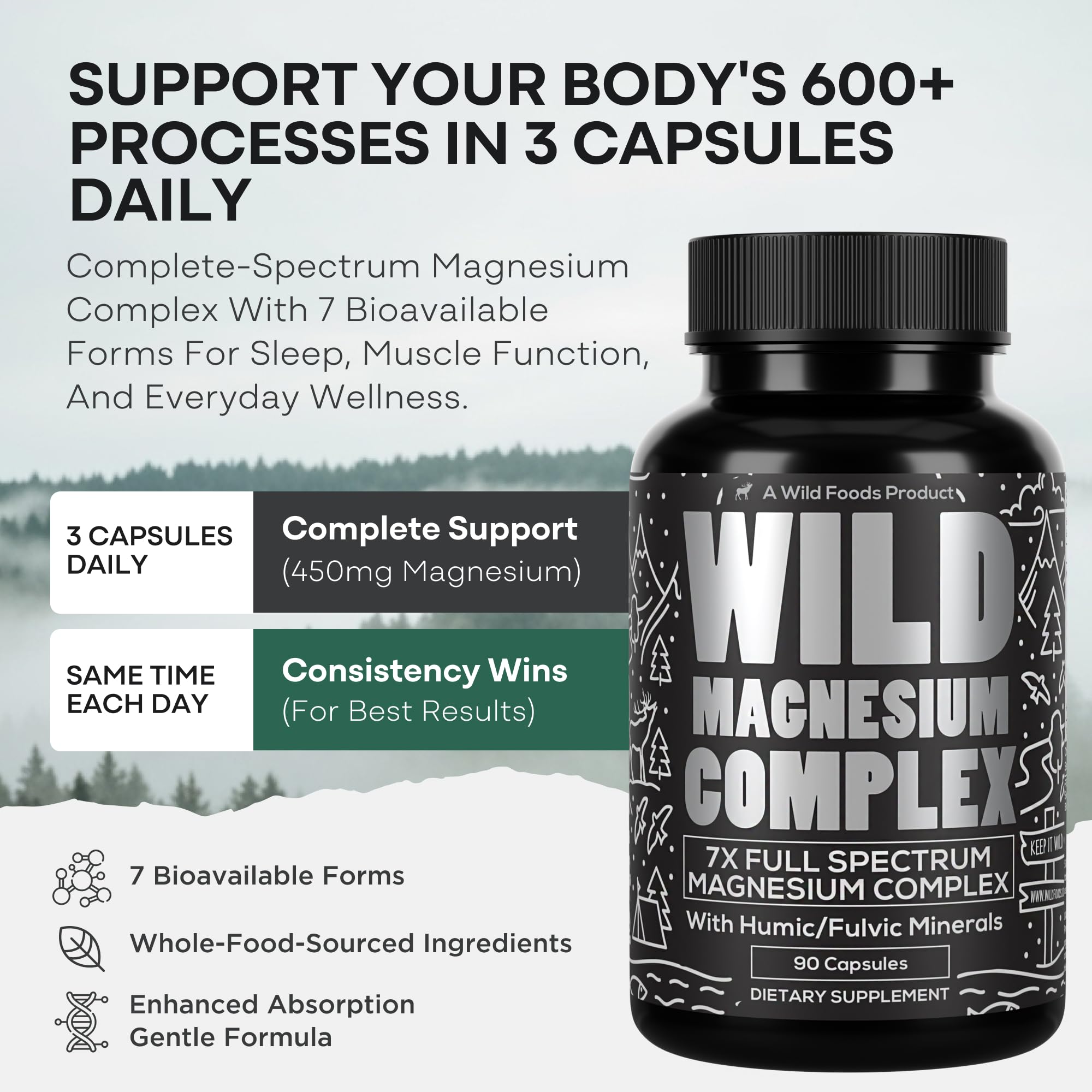 Wild Foods Fulvic mineral blend graphic illustrates nutrient absorption support.