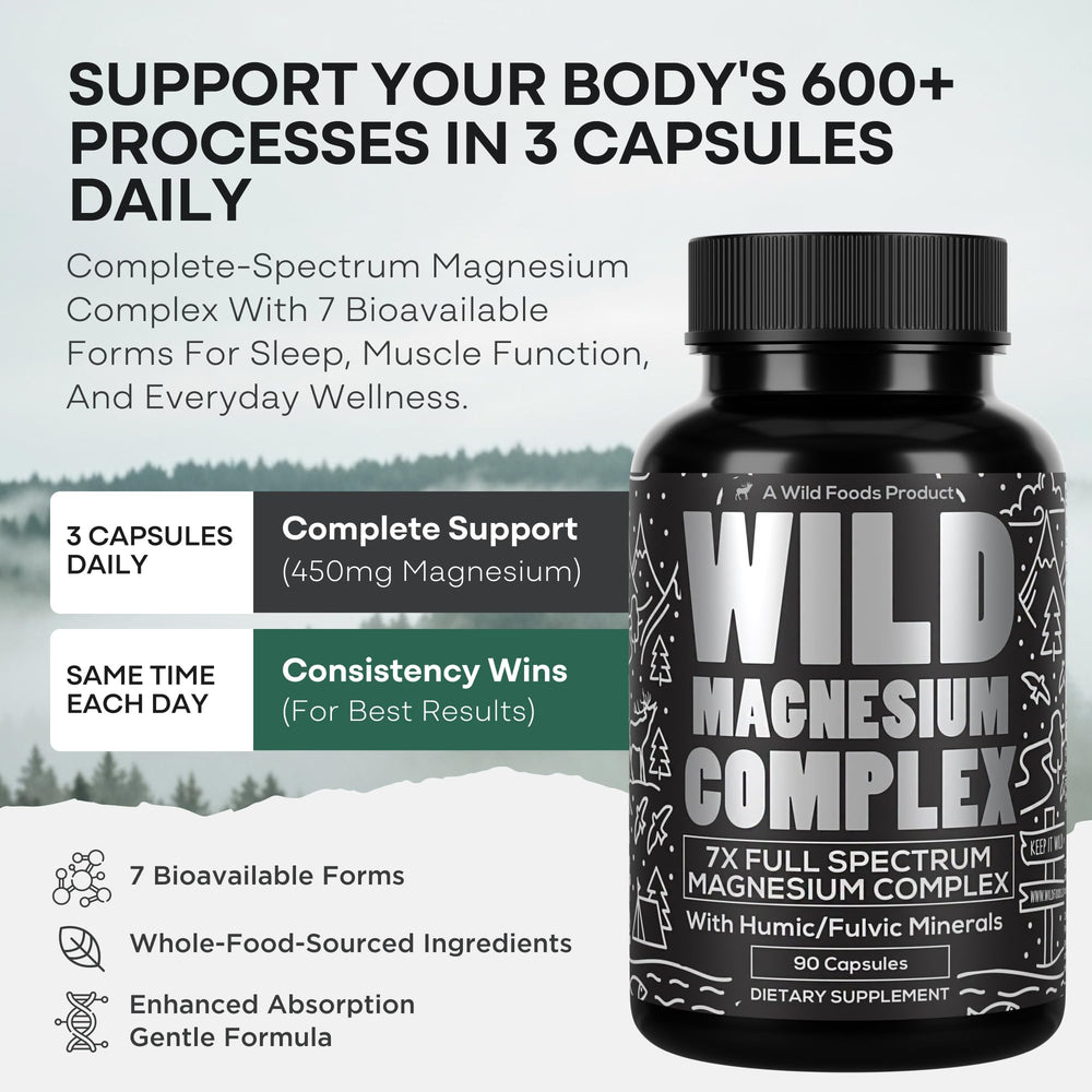 Wild Foods Fulvic mineral blend graphic illustrates nutrient absorption support.