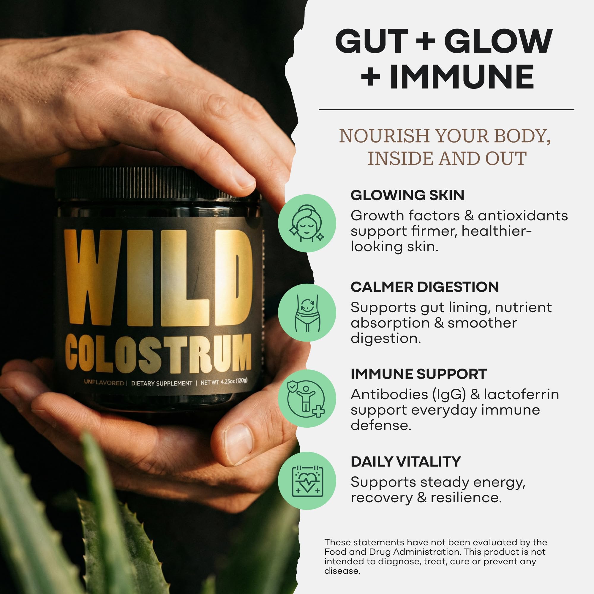 Grass-fed colostrum from New Zealand promotes purity and natural nutrition.