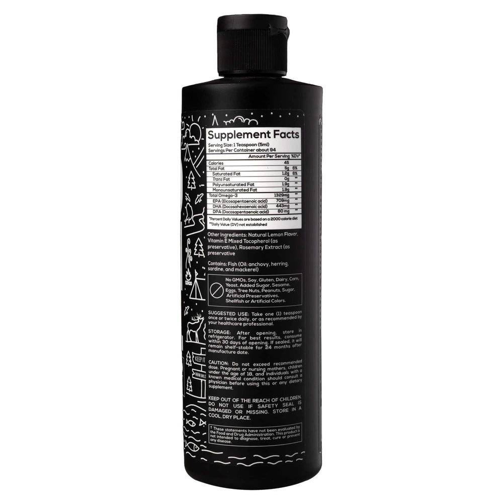 Wild Foods Liquid Omega-3 Lemon bottle glass pour with lemon-flavored oil