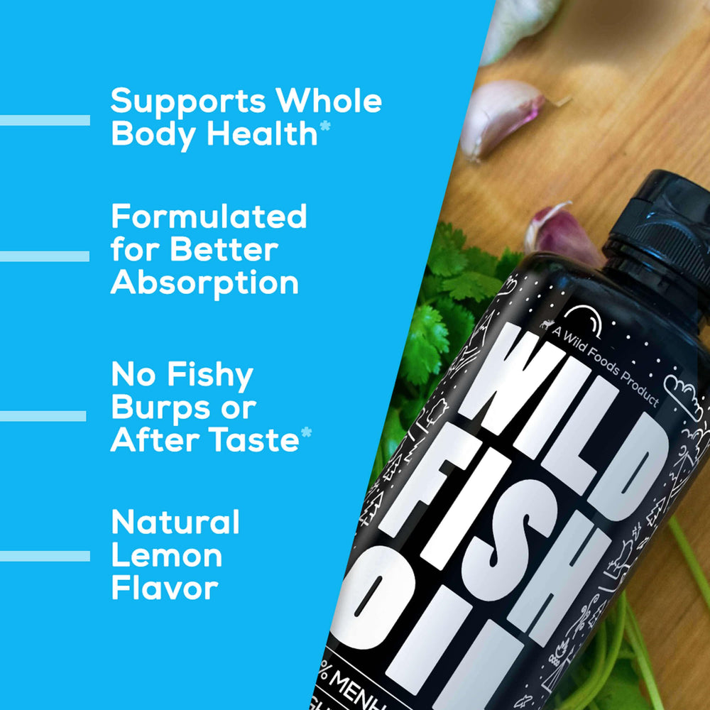 Wild Foods Liquid Omega-3 Lemon bottle on counter in kitchen setting