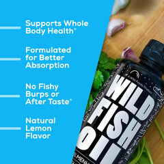 Wild Foods Liquid Omega-3 Lemon bottle on counter in kitchen setting