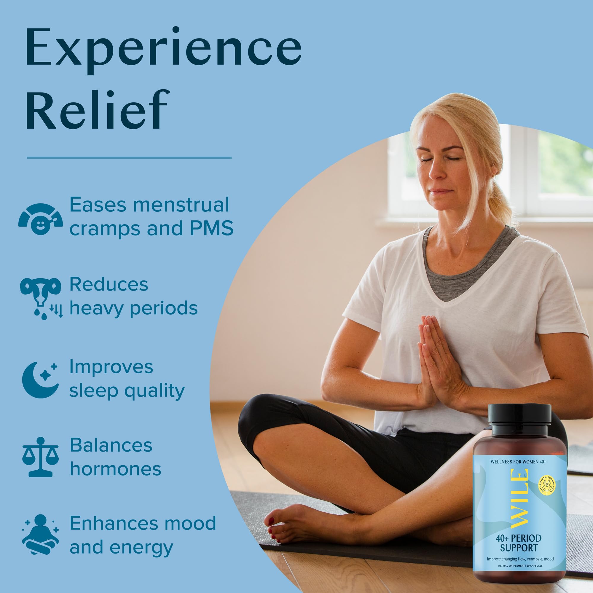 WILE perimenopause capsules closeup showing convenient dose for cycle relief