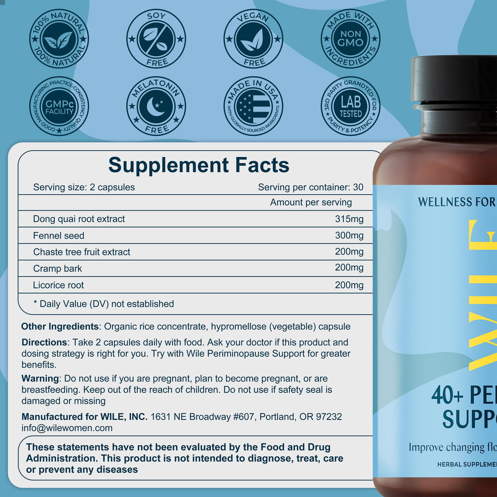 WILE plant-based herbal blend packaging emphasizing vegan formula for balance