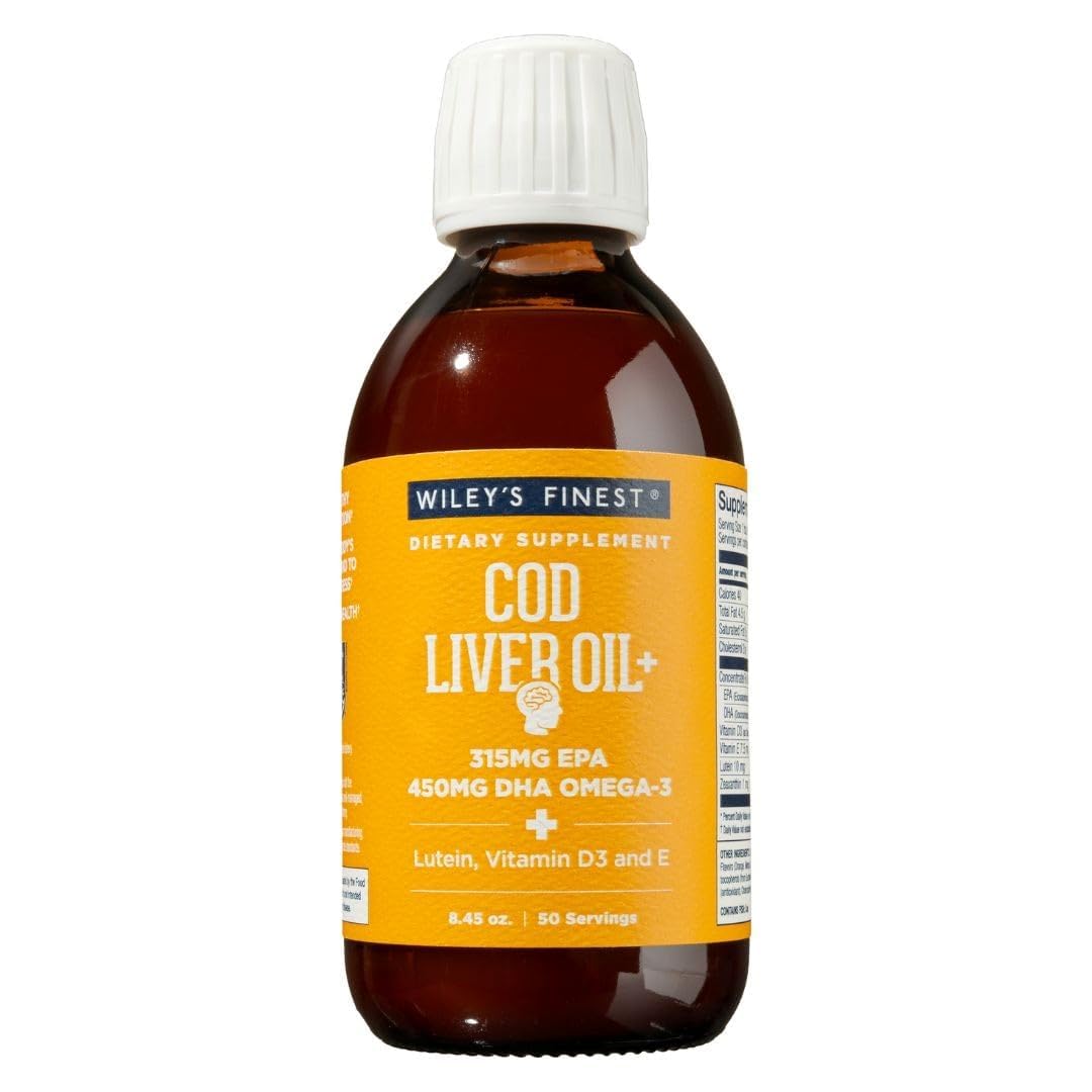Wiley's Finest cod liver oil orange bottle front showcases flavor and potency for daily omega-3 support
