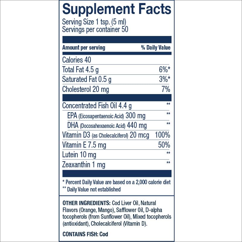 Wiley's Finest cod liver oil orange bottle side label highlights vitamin D3 and lutein ingredients