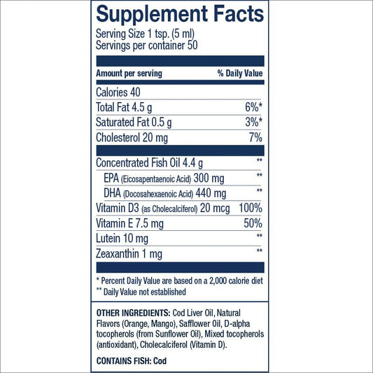 Wiley's Finest cod liver oil orange bottle side label highlights vitamin D3 and lutein ingredients