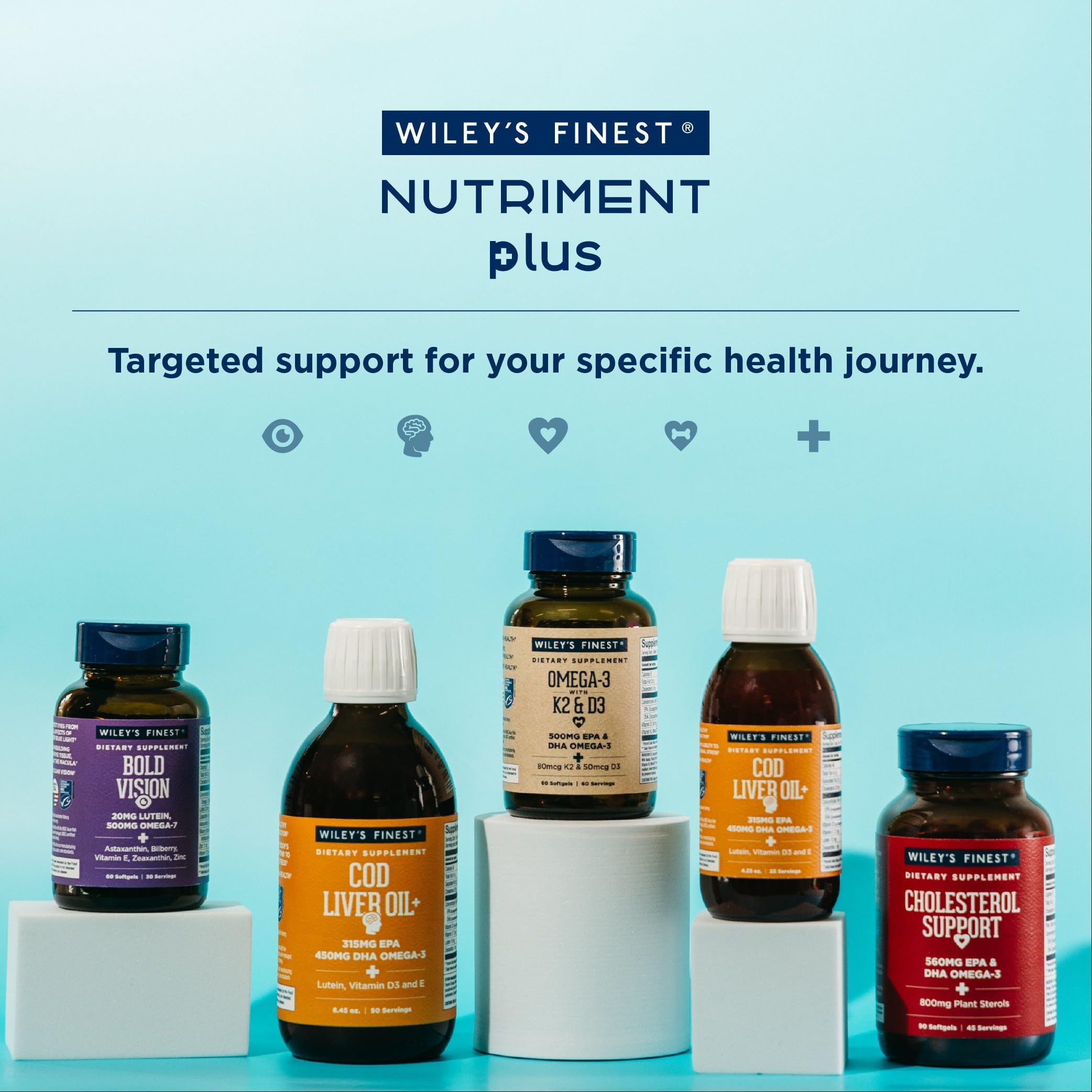 Wiley's Finest K2 D3 enriched omega-3 softgels for daily use.