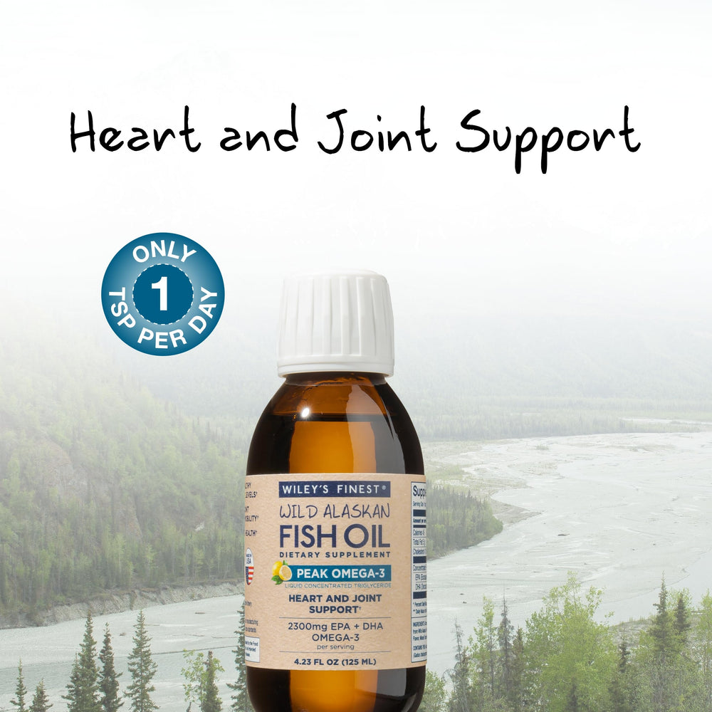 Close-up of lemon-flavored Wiley's Finest omega-3 liquid with bright citrus notes