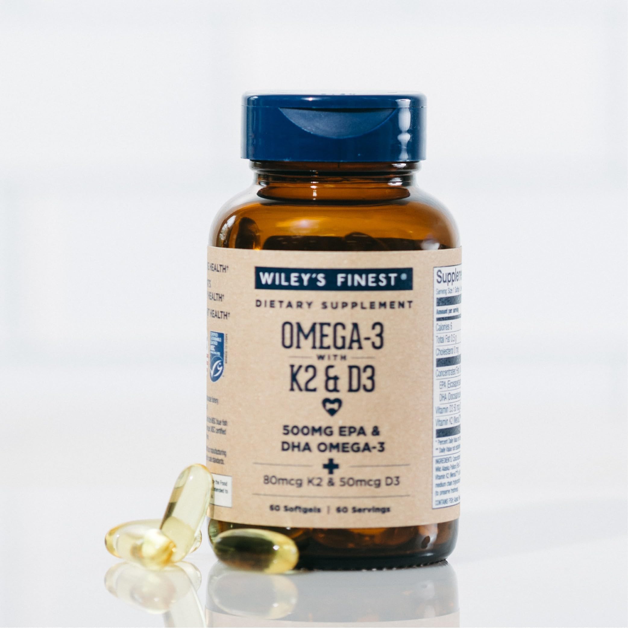 Wiley's Finest omega-3 for bone and heart support concept shown.