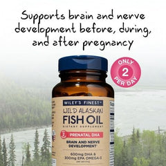 Wiley's Finest prenatal DHA unflavored softgels—gentle Omega-3 source.