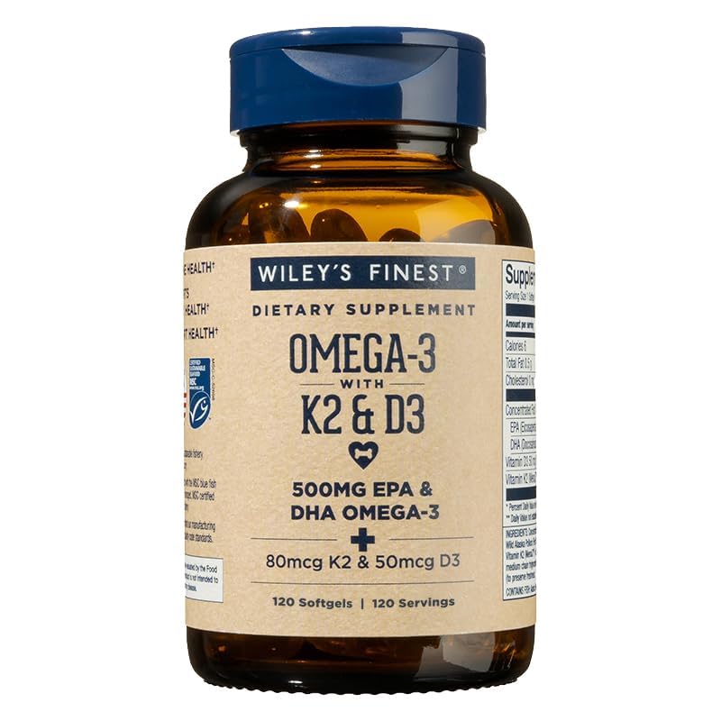 Wiley's Finest Wild Alaskan Fish Oil bottle front showing omega-3 blend for heart and bone support