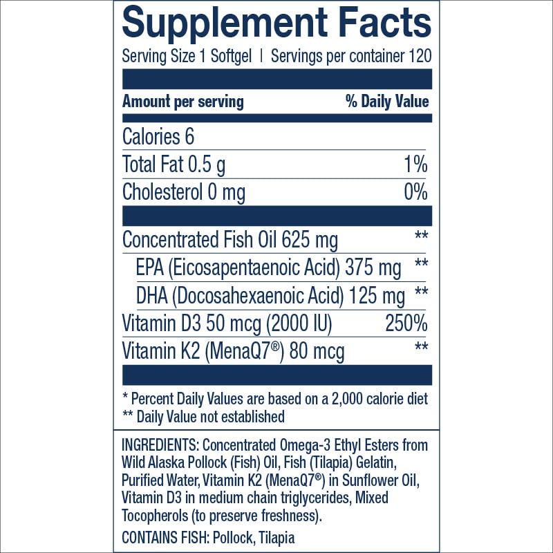 Wiley's Finest bottle pour emphasizing convenient daily omega-3 with K2 and D3 for heart and bone support