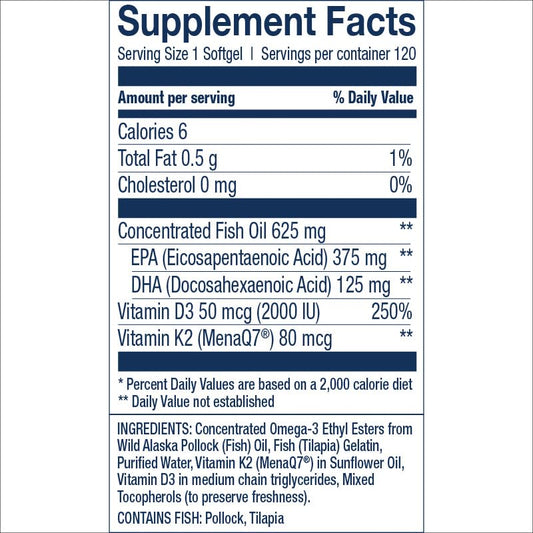 Wiley's Finest bottle pour emphasizing convenient daily omega-3 with K2 and D3 for heart and bone support