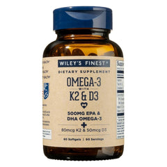 Wiley's Finest wild Alaskan fish oil K2 D3 softgels bottle for daily omega-3 intake.