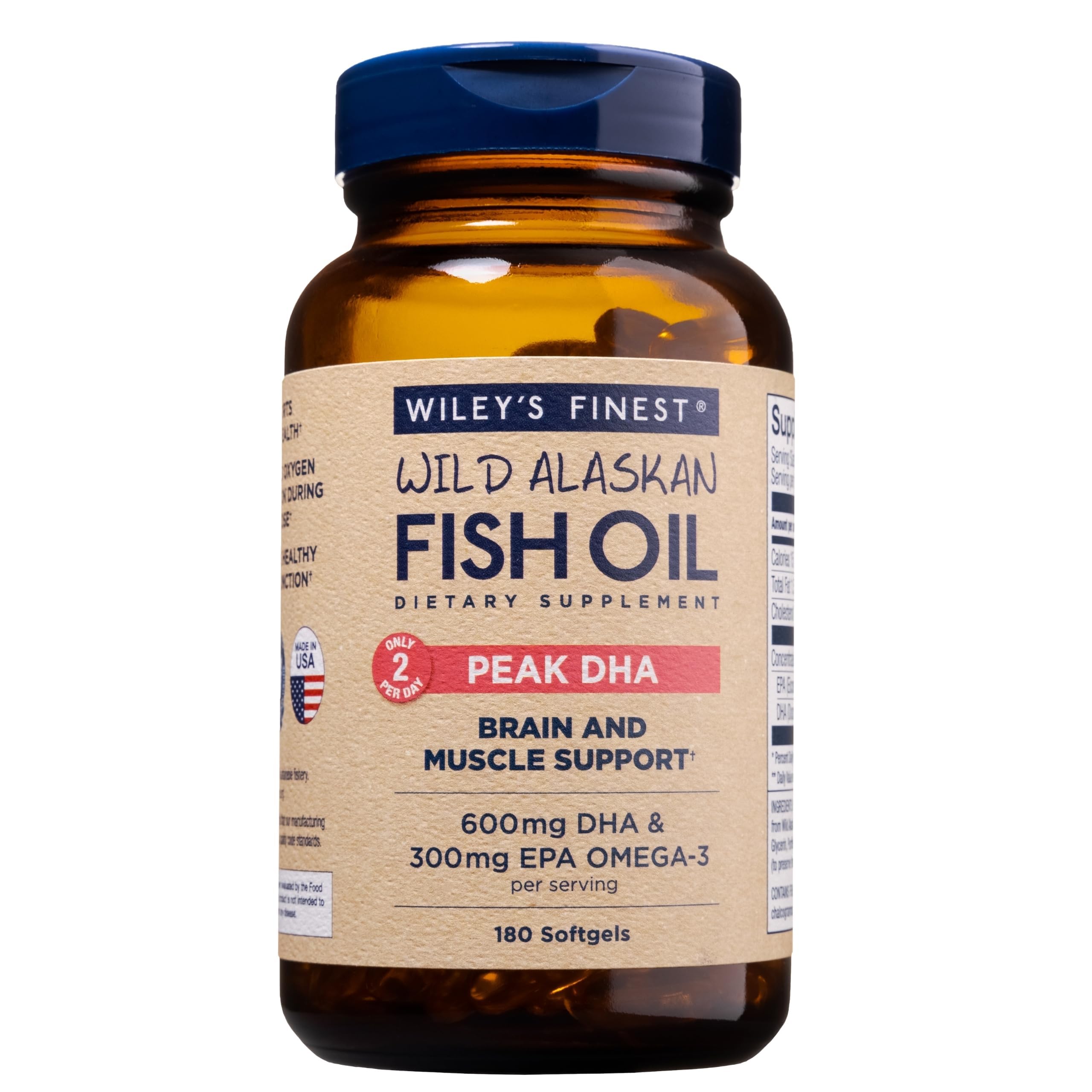 Wiley’s Finest Wild Alaskan Fish Oil Peak DHA bottle showing high-potency omega-3 for daily use