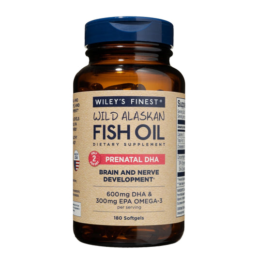 Wiley's Finest Wild Alaskan Fish Oil Prenatal DHA bottle—high-potency Omega-3 for pregnancy support.