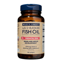 Wiley's Finest Wild Alaskan Fish Oil Prenatal DHA bottle—high-potency Omega-3 for pregnancy support.