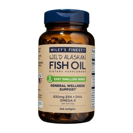 Wiley's Finest Easy Swallow Minis bottle front for on-the-go omega-3 support.