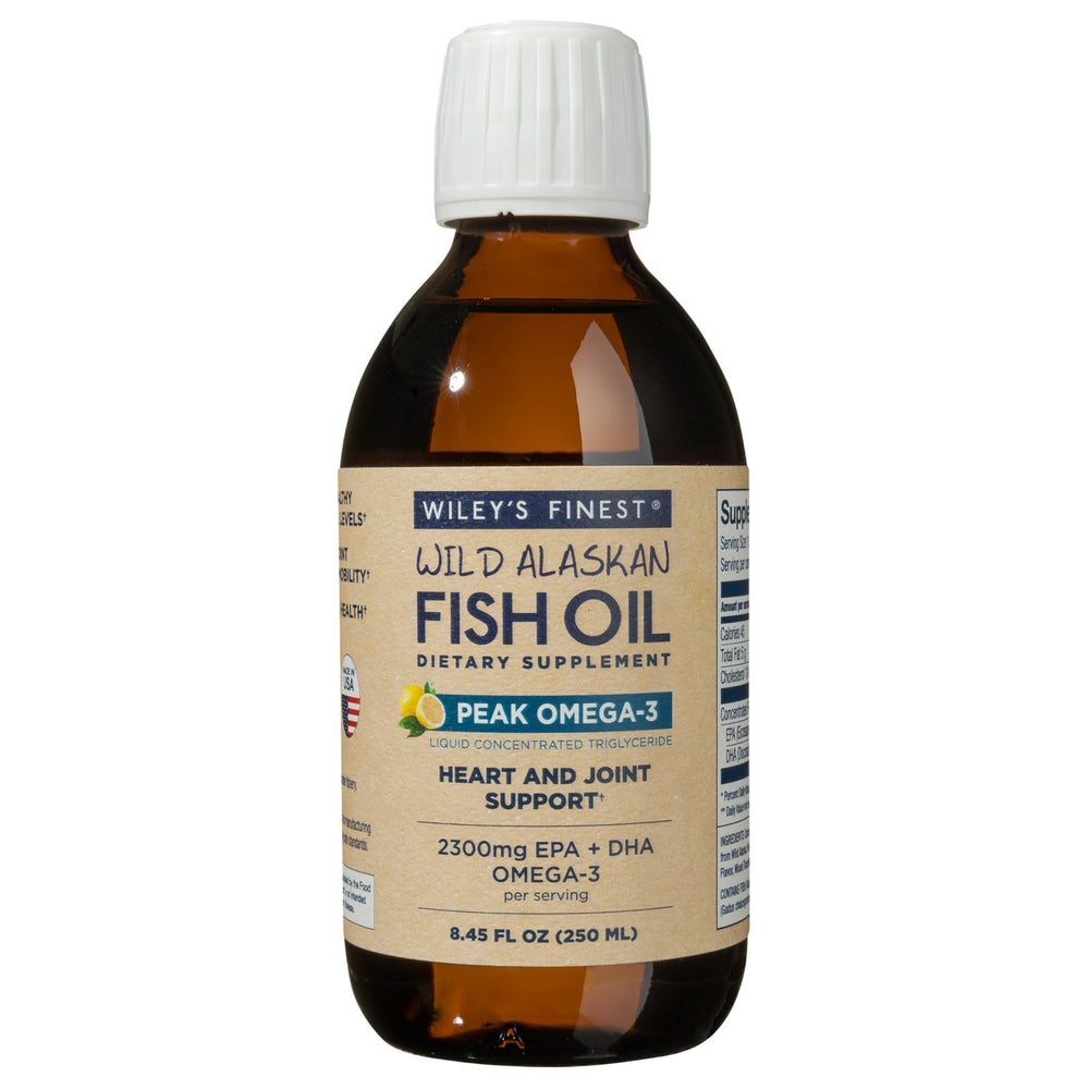 Wiley's Finest lemon-flavored fish oil bottle for daily intake