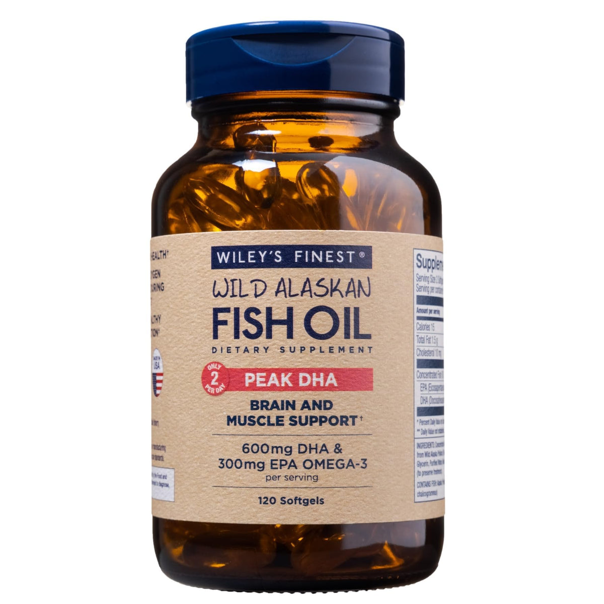 Wiley's Finest Peak DHA bottle highlighting the high-DHA omega-3 profile.
