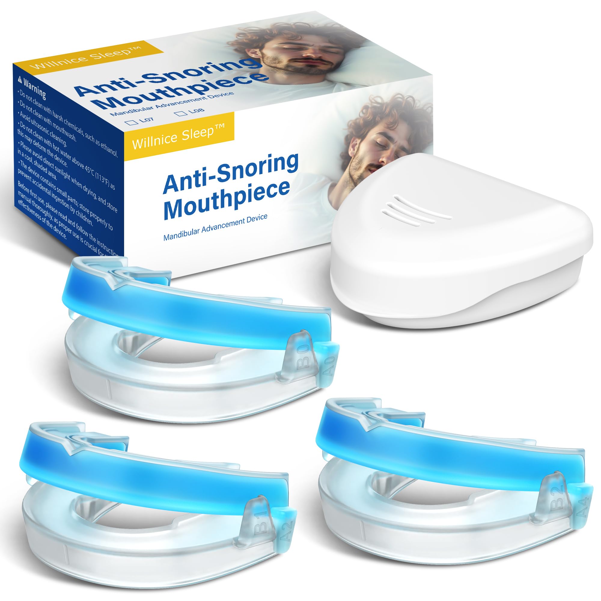 Willnice anti-snoring mouth guard with adjustable 0-6 mm system for a precise, quiet-night fit.
