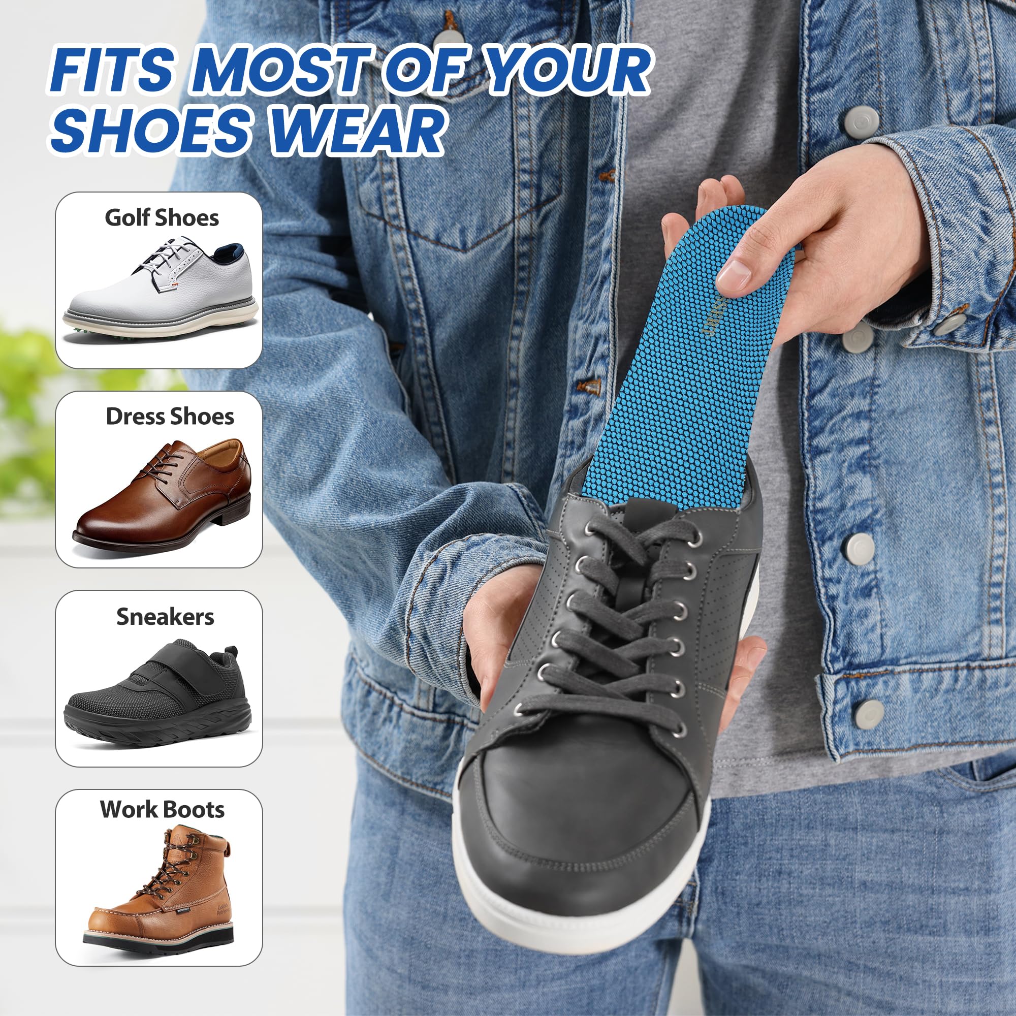 WIMSSERT gel insoles in sneakers with trim-to-fit feature for custom sizing.